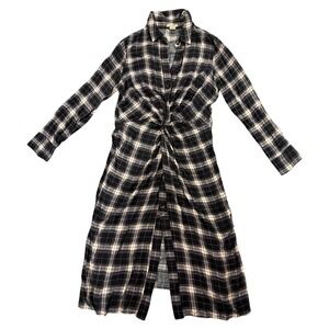 ANAMA Plaid Twist-Front Button Shirt Dress Rayon Long Sleeve Women's S